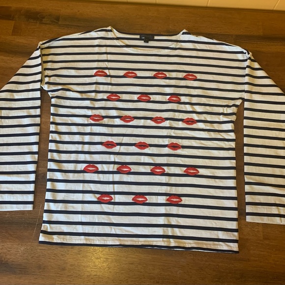 J.Crew top women’s large navy white stripes w/ red embroidered lips crewneck - Picture 1 of 8